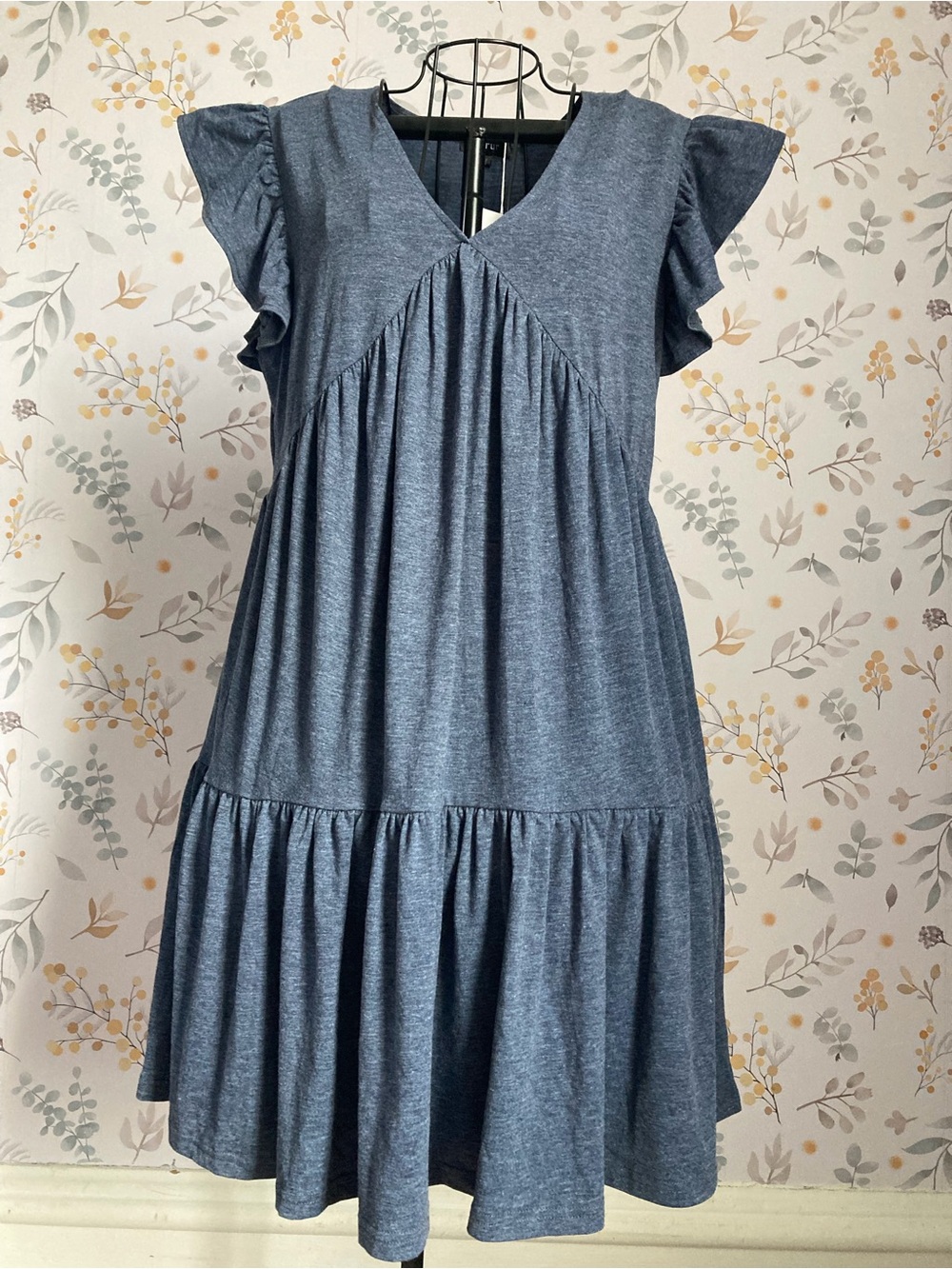 Flutter-Sleeve V-Neck Tiered Dress in Heather Blue